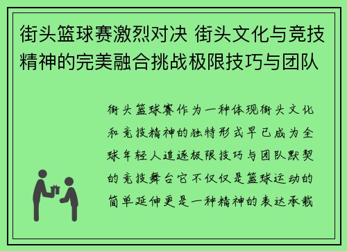 街头篮球赛激烈对决 街头文化与竞技精神的完美融合挑战极限技巧与团队默契